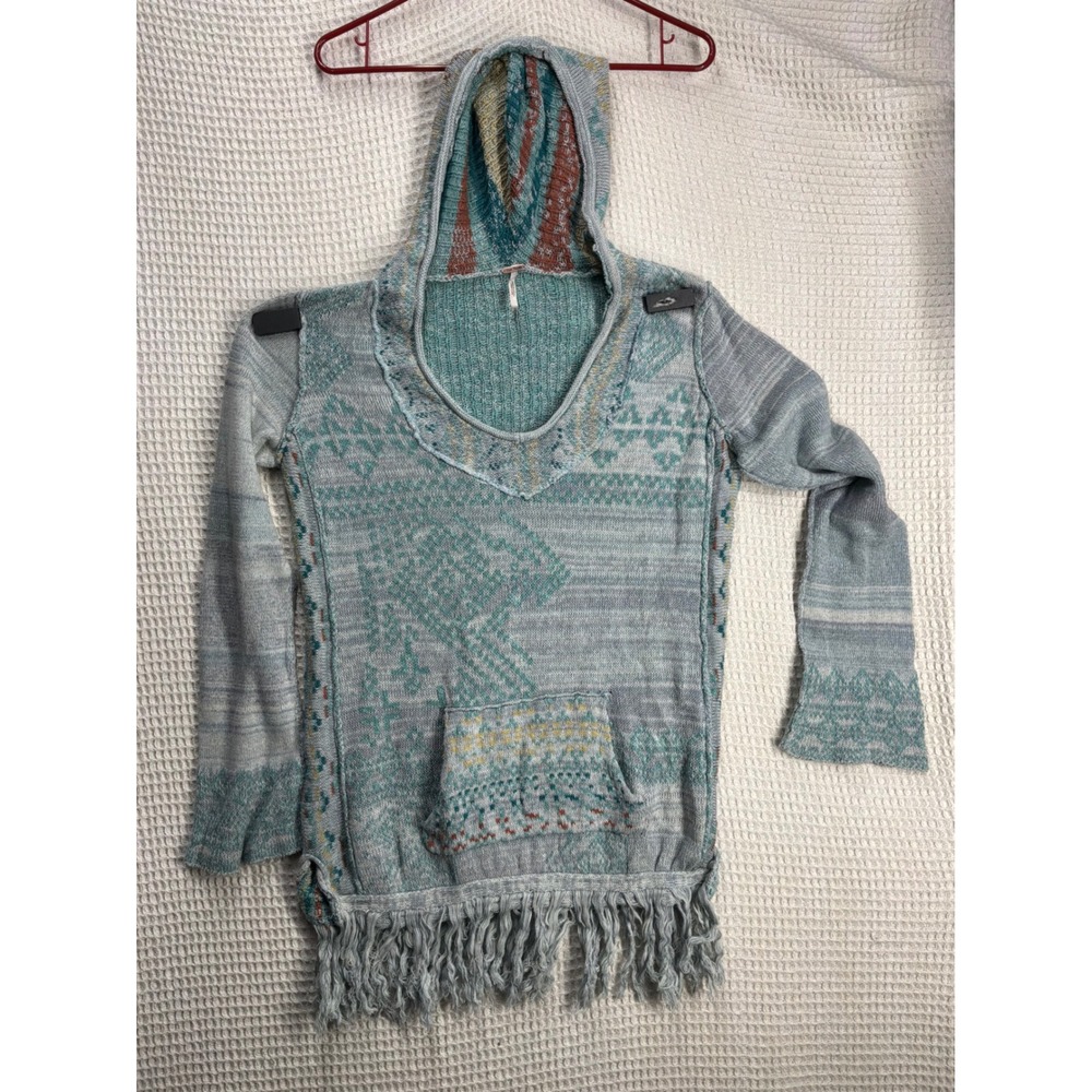 Boho Womens Free People Intarsia Knit Fringe Hoodie M Teal Grey